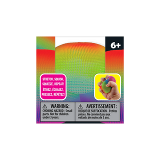 Rainbow multicolor stretchy sensory blob toy packaging showing squeeze and stretch instructions for ages 6+