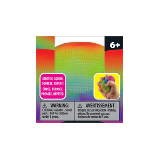 Rainbow multicolor stretchy sensory stress ball packaging showing age 6+ rating and choking hazard warning