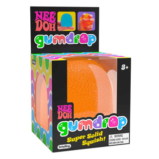 Schylling Nee Doh Gumdrop Super Solid Squish orange stress ball in retail packaging