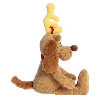 Aurora 12-inch Vintage Max plush dog with yellow reindeer antlers and red bow ribbon