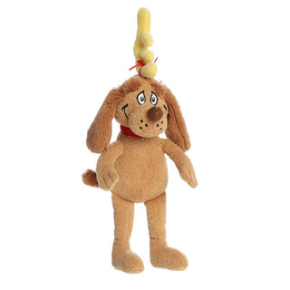 Aurora 12-inch Vintage Max plush dog toy with yellow antler and red bow collar