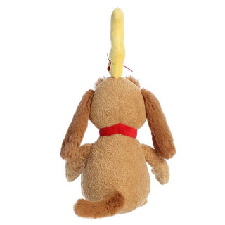 Aurora 12-inch Vintage Max plush dog toy with red collar and yellow bone, rear view