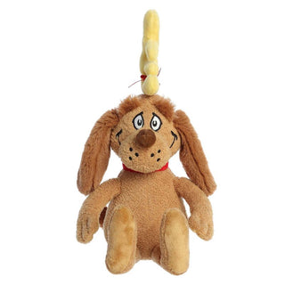Aurora 12-inch Vintage Max plush dog toy with red collar and yellow bone topper