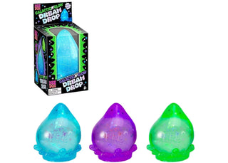 Nee Doh Galactic Glow Dream Drop stress balls in blue, purple, and green glitter