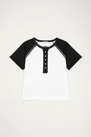 White and black raglan short sleeve color block henley knit top