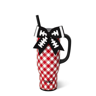 Swig 30oz Gameday Gingham Mega Mug in red and white plaid with black football bow straw topper