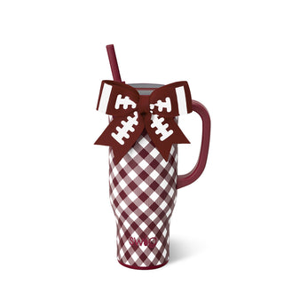 Swig Gameday Gingham 30oz Mega Mug in maroon plaid with football bow topper and straw