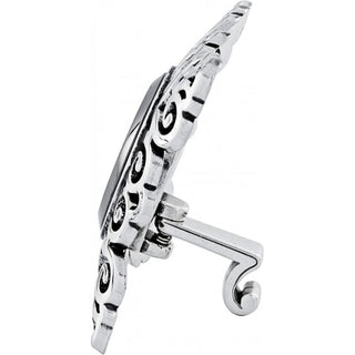 Side profile view of Brighton Geneva Clock ring showing ornate silver scrollwork and adjustable band