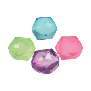 Four colorful translucent geometric shaped squishy stress balls in green, blue, purple, and pink