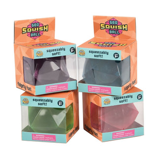 Geo Squish Sugar Ball retail boxes with window showing teal green pink and purple fidget toys