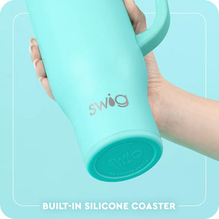 Turquoise Swig mug base with built-in silicone coaster grip