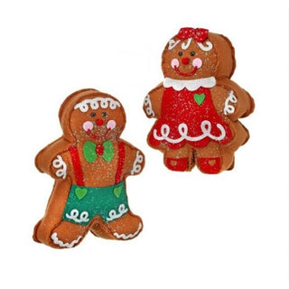 Male and female frosted felt gingerbread ornaments with glitter, red suspenders, green bow tie, and scalloped trim