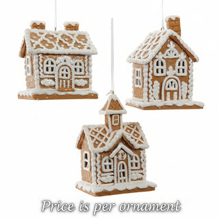 Set of three gingerbread house Christmas ornaments with white royal icing details by Kurt Adler