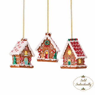 Regency gingerbread house Christmas ornament with white icing, candy decorations, gold hanging cord
