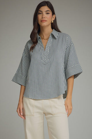 Navy gingham blouse V-placket chest detail with flared cuffed 3/4 sleeves and stitching