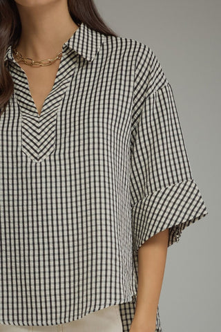 Gingham 3/4 Sleeve Blouse