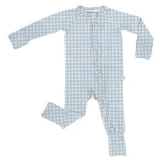 Baby onesie with blue and white gingham pattern