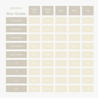 Goosies kids clothing size chart showing measurements for ages 0-3 months to 5T