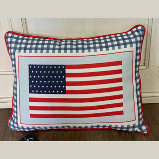 Gingham American Flag Pillow with blue-white check border, red piping, and gray flag print on polyester