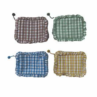 Gingham zippered pouch with ruffled edges and pom-pom zipper pull