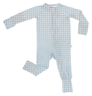 Baby onesie with blue and white gingham pattern