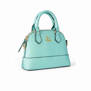 Turquoise glitter dome purse for kids with black trim, gold script logo, and matching tassel