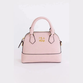 Pale pink textured mini purse for girls with woven pattern and black contrast stitching
