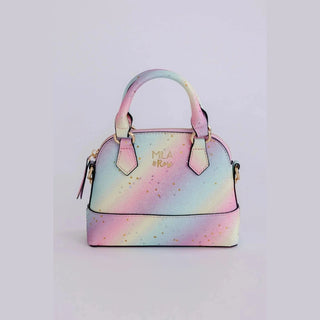 Pink to blue ombre gradient glitter purse for girls with gold star confetti and black handles