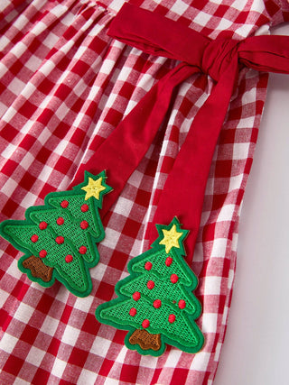 Girls Red Plaid Dress with Tree