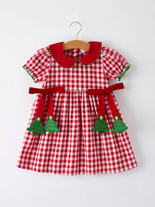 Girls Red Plaid Dress with Tree