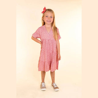 Girls pink leopard print dress with V-neck and tiered ruffle hem