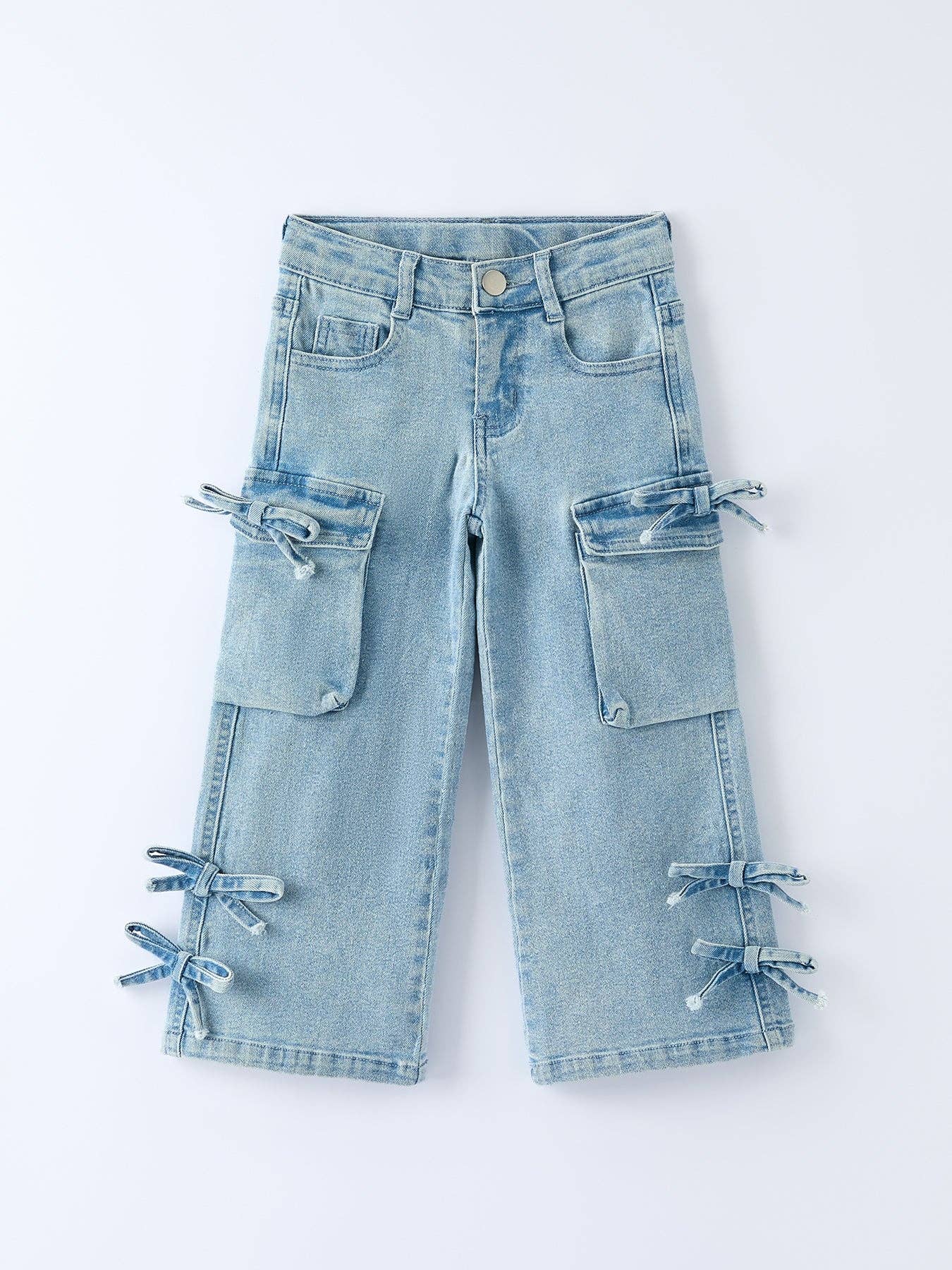 Light blue denim cargo pants with tie details