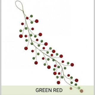 Red and green glitter ball Christmas garland with olive wire branches for festive wall decor
