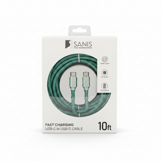 Sanis 10ft green glitter woven USB-C to USB-C fast charging cable in box