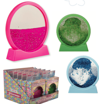 Glitterscape liquid glitter motion toys in pink, green, and blue circular frames on stands