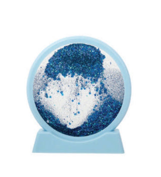 Blue circular glitter disc toy with blue and white sparkle sand art design