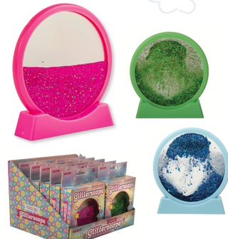 Glitterscape liquid glitter motion toys in pink, green, and blue circular frames on stands