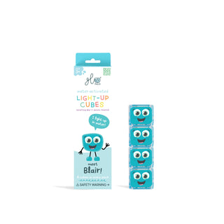 Glo Pals Blair water-activated light-up cubes packaging with four teal smiley face cubes