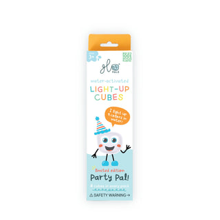 Glo Pals Party Pal limited edition water-activated light-up cubes packaging with festive character mascot