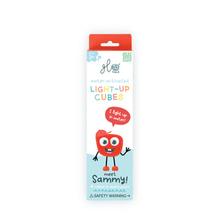 Glo Pals Sammy water-activated light-up cubes packaging featuring red character mascot on white box