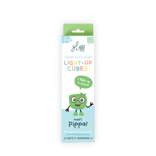 Glo Pals Pippa water-activated light-up cubes packaging featuring green character, 4 cubes per pack