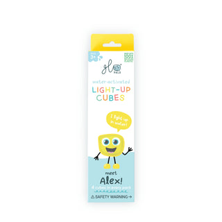 Glo Pals Alex water-activated light-up cubes packaging, yellow character, 4 cubes per pack
