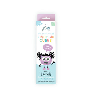 Glo Pals Lumi water-activated light-up cubes packaging featuring purple cube character with curly hair