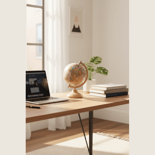 Globe On Metal Stand on desk in home office with books and laptop