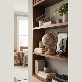 Globe On Metal Stand on bookshelf in living room with decor items