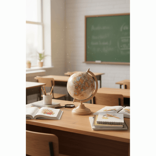 Globe On Metal Stand in classroom or study room on teacher desk
