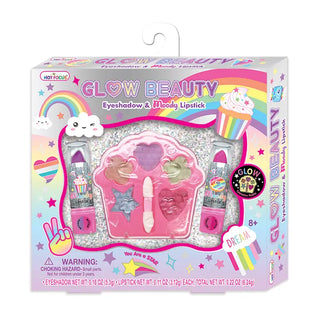 Hot Focus Glow Beauty pink glitter eyeshadow palette with two moody lipsticks set