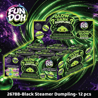 Retail display box of 12 glow in the dark squishy dumplings in black steamers