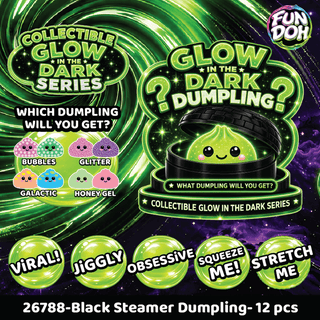 Collectible glow in the dark squishy dumplings set of six variants in black steamer box