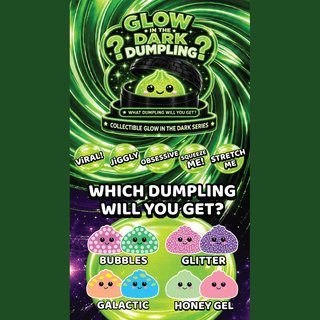 Glow in the dark lime green squishy dumpling with kawaii face in black steamer container
